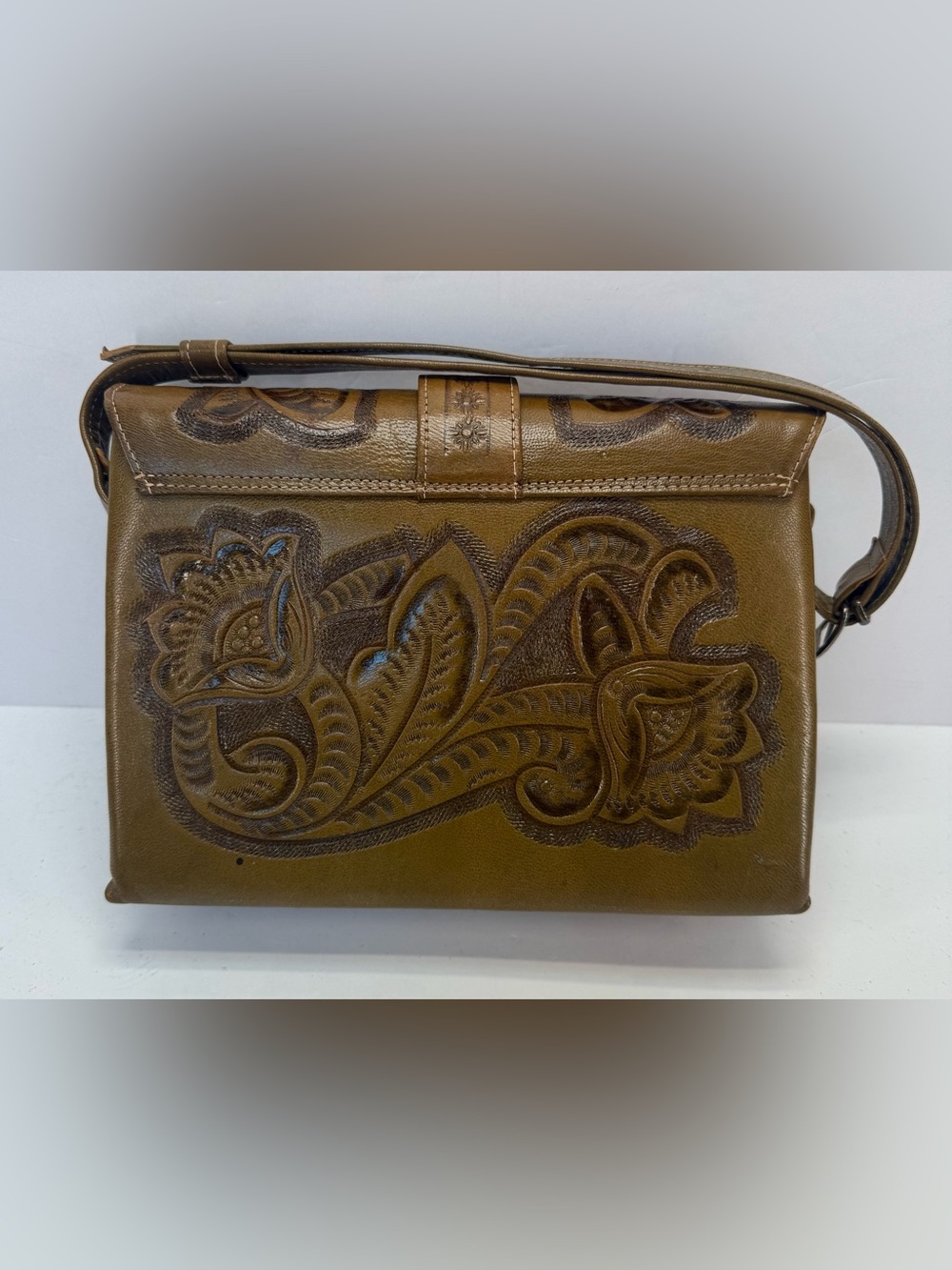 Vintage Flores Hand-Tooled Brown/green Leather accordion style shoulder Bag - Picture 2 of 16